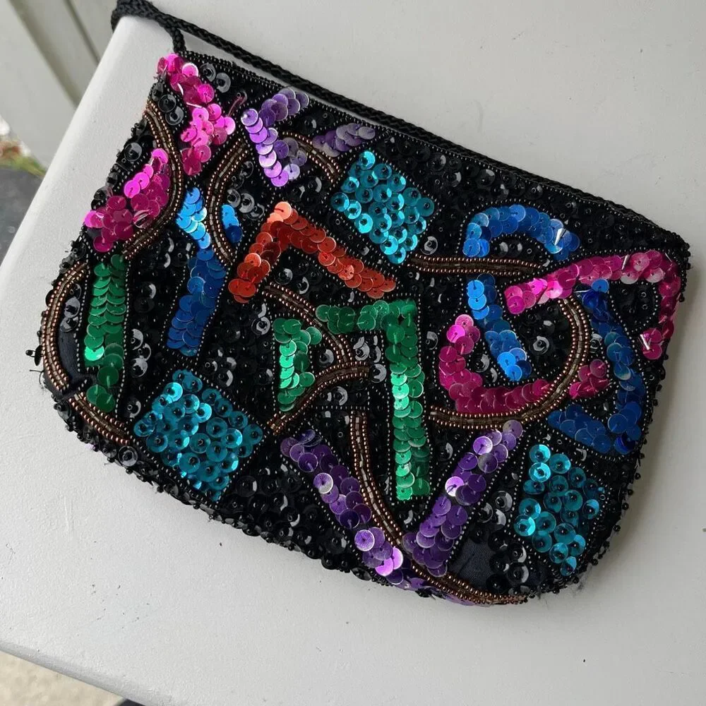 VTG 80s Beaded Sequin Crossbody Bag Black Multicolor Party Purse
